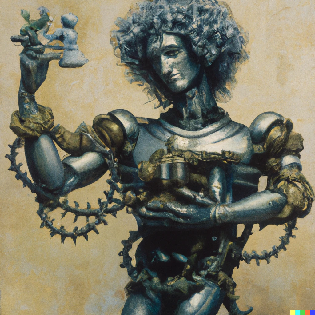 Prompt: a painting by tetsuya nomura of a statue depicting a man with curls holding a humanoid roboter in his hands