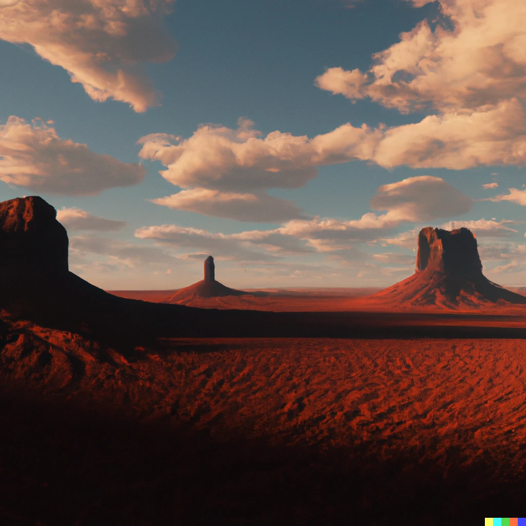 Prompt: « monument valley », 4K, render terragen , background is desert with clair-obscur, light is Golden hour, sky with red Clouds, ultrarealistic, CinémaScope, ultra wide format