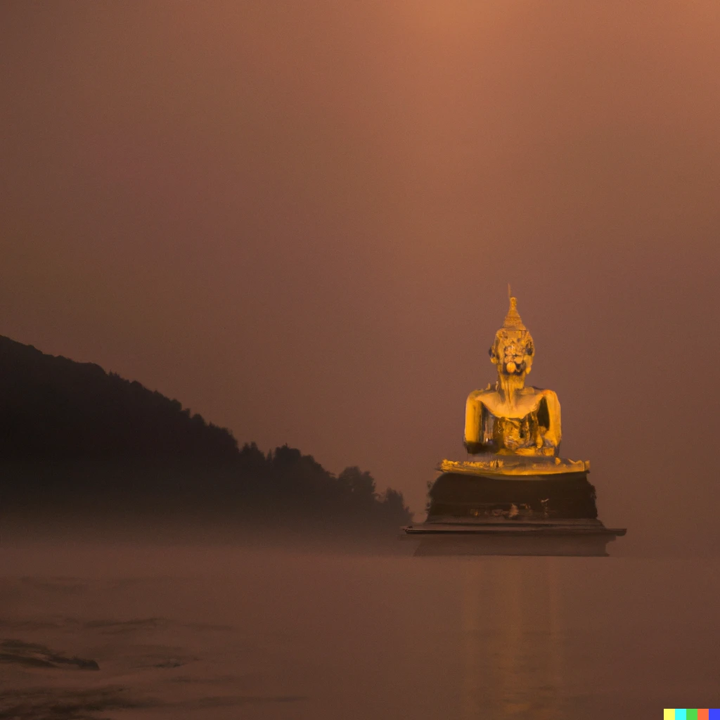 Prompt: An big golden statue of Buddha, sitting In the middle of the lake, glowing In the sunset, with a light mist hanging over the surface of the lake.
