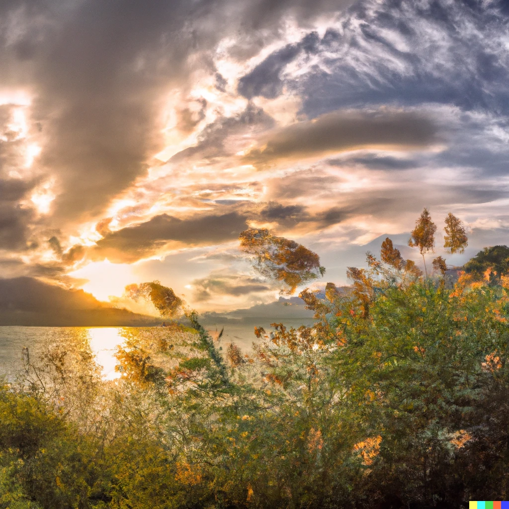 Prompt: Ultrawide, « lake of Annecy » with golden ratio style, 4K , foreground is prairie, light is Golden hour, sky with red Clouds, ultrarealistic, CinémaScope, ultra wide format, ratio 16/9, 1/1000 sec, maximum resolution, Sharp details