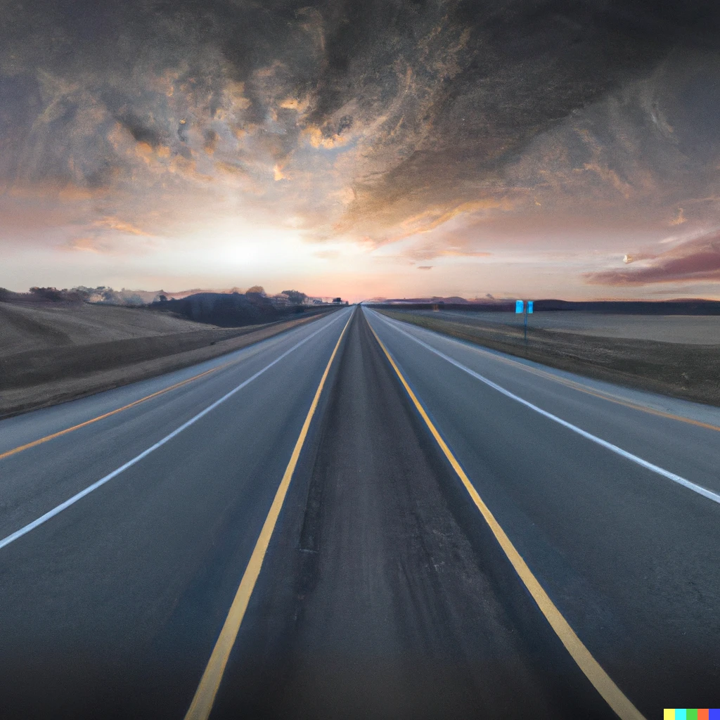 Prompt: Ultrawide, highway,  with golden ratio style, 4K , sides  are prairies, light is Golden hour, sky with red Clouds, ultrarealistic, CinémaScope, ultra wide format, ratio 16/9, 1/1000 sec, maximum resolution, Sharp details