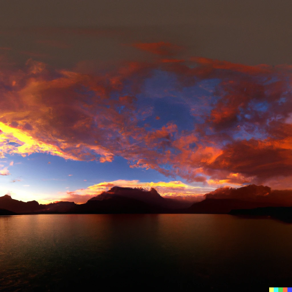 Prompt: Ultrawide, « lake of Annecy » with golden ratio style, 4K, render unreal , background is desert with clair-obscur, light is Golden hour, sky with red Clouds, ultrarealistic, CinémaScope, ultra wide format, 16/9, 1/1000 sec, maximum resolution, Sharp details