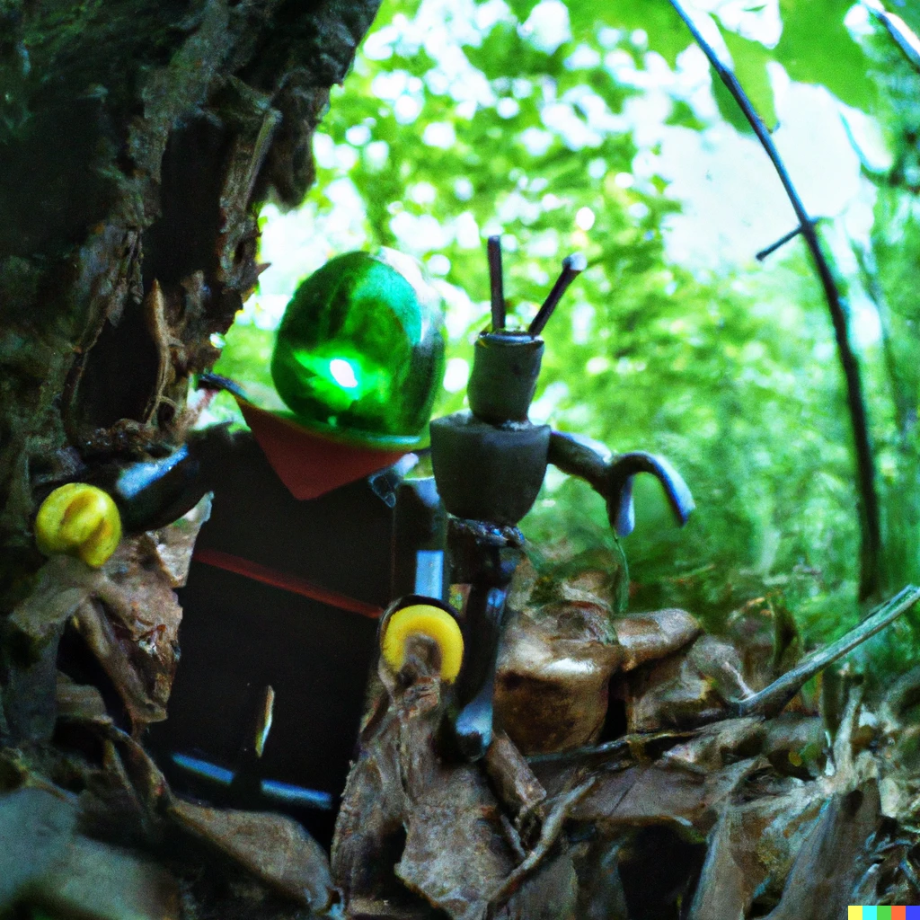 Prompt: fisheye lens, wide angle, 1/1000 shutter speed, alien android playing with lego minifigurine, confident, 4K, unreal, in a forest, ultrarealistic