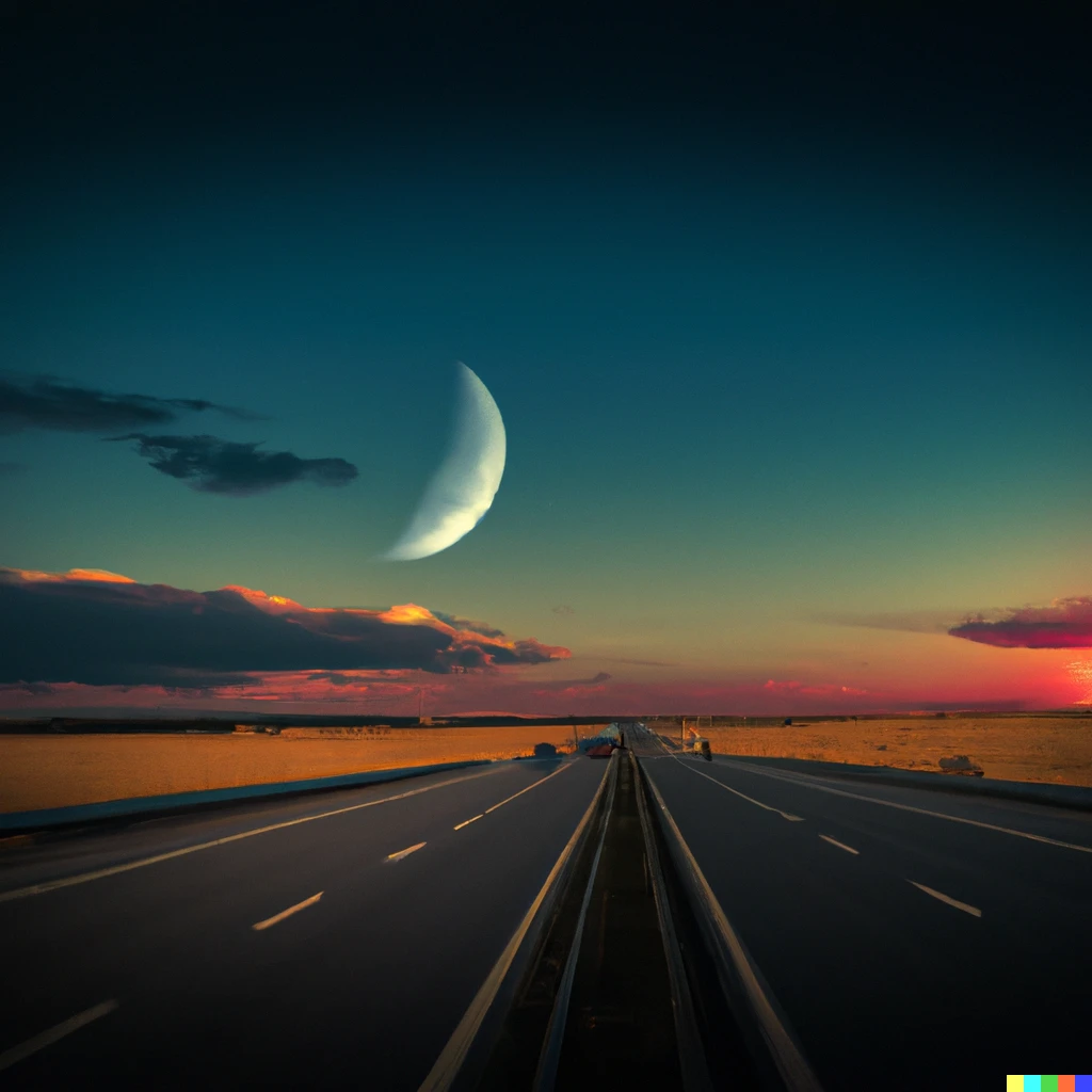 Prompt: Ultrawide, highway,  with golden ratio style, 4K , sides  are prairies, light is Golden hour, sky with red Clouds, ultrarealistic, CinémaScope, ultra wide format, ratio 16/9, 1/1000 sec, maximum resolution, Sharp details, Rising moon at the center on the horizon, style « retro 80 »