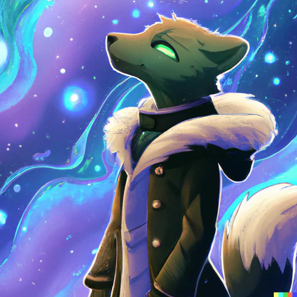 Prompt: Cute anime style art of anthro hybrid otter fox character wearing a trenchcoat gazing at a beutiful nebular in space