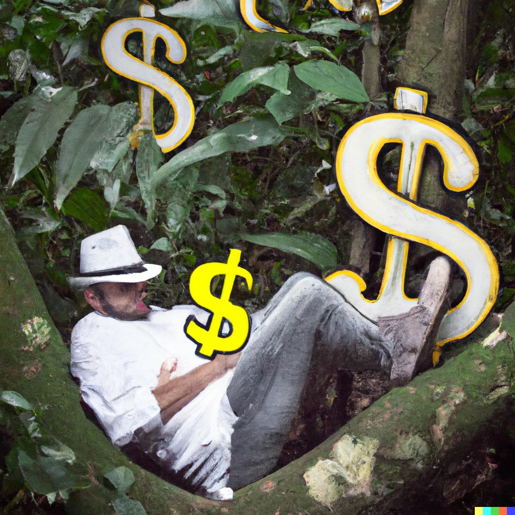 Prompt: rich man with white hat and golden dollar symbols on the sides laying on the big leafs of a tree in a rainforest with a monkey hanging of a branch with it's tail