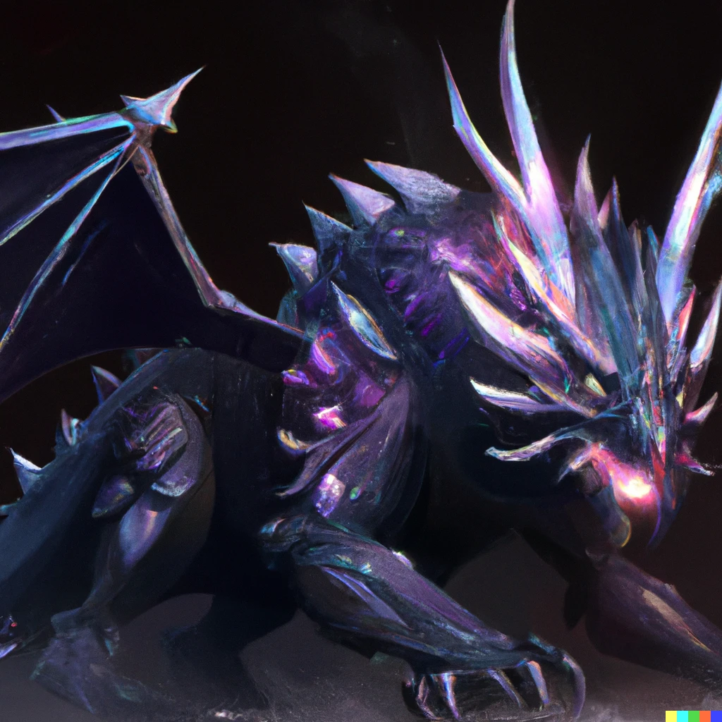 Prompt: a side view of a gaunt black dragon with two pairs of black horns, lavender glowing eyes and mouth, lavender glowing spikes along its back and tail, lavender glowing inner wings, exposed black rib cage that emits lavender glowing particles, aesthetic digital art, high definition, ultra crisp, trending on artstation