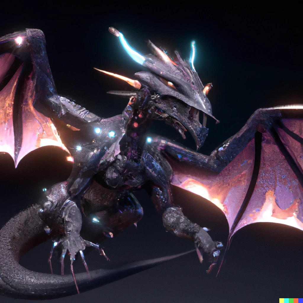 Prompt: a side view of a gaunt black dragon with two pairs of black horns, lavender glowing eyes and mouth, lavender glowing spikes along its back and tail, lavender glowing inner wings, exposed black rib cage that emits lavender glowing particles, aesthetic digital art, high definition, ultra crisp, trending on artstation