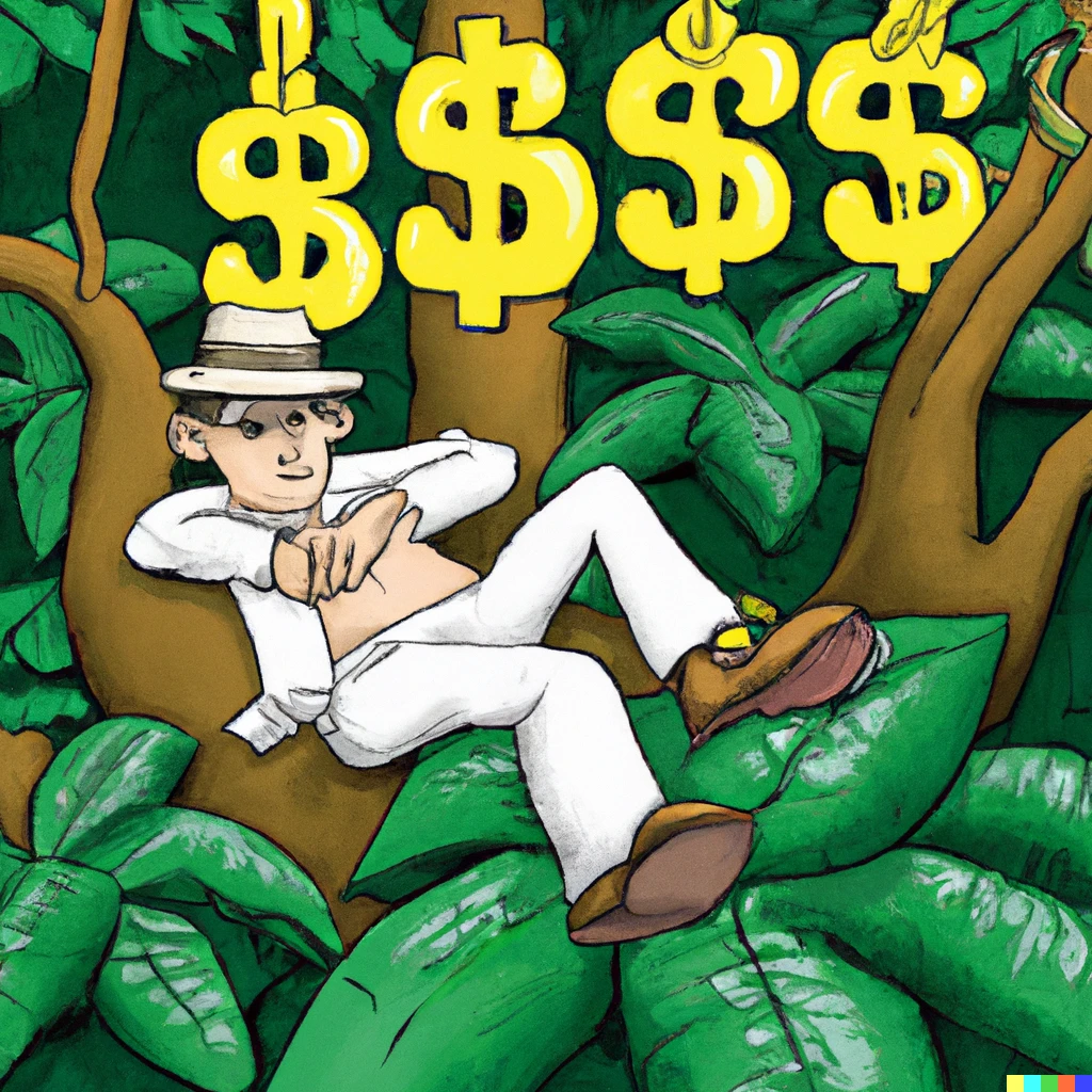 Prompt: rich man with white hat and golden dollar symbols on the sides laying on the big leafs of a tree in a rainforest with a monkey hanging of a branch with it's tail