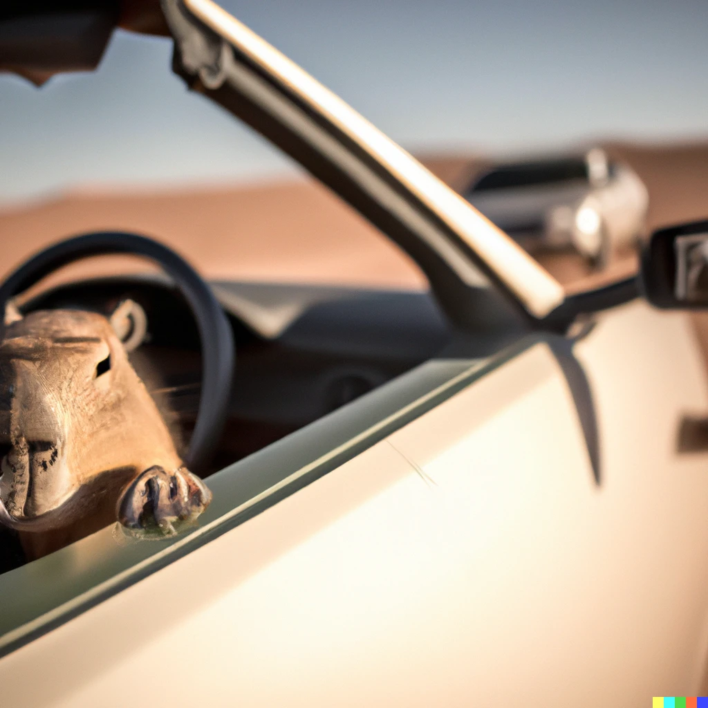 Prompt: A capybara driving a convertible while looking into the camera, one paw on the steering wheel and the other arm hanging out of the window, professional photography, depth of field, sunny desert background