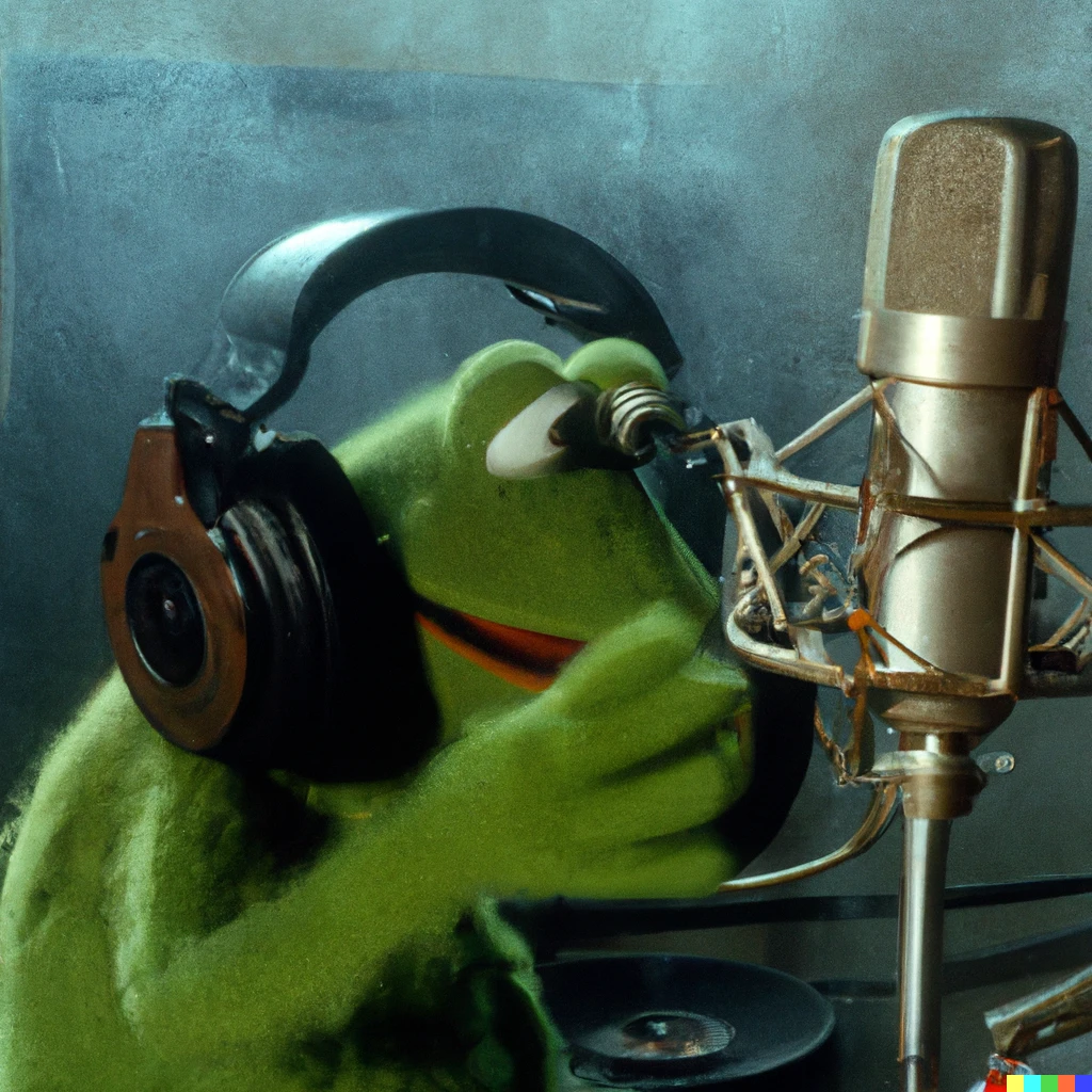 Prompt: A still image of Kermit rapping into a condenser microphone in a Smokey vocal booth with headphones on in 1996
