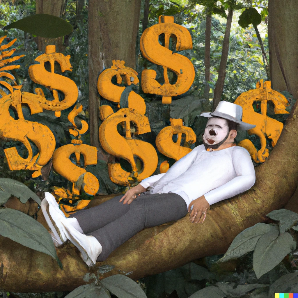 Prompt: rich man with white hat and golden dollar symbols on the sides laying on the big leafs of a tree in a rainforest with a monkey hanging of a branch with it's tail