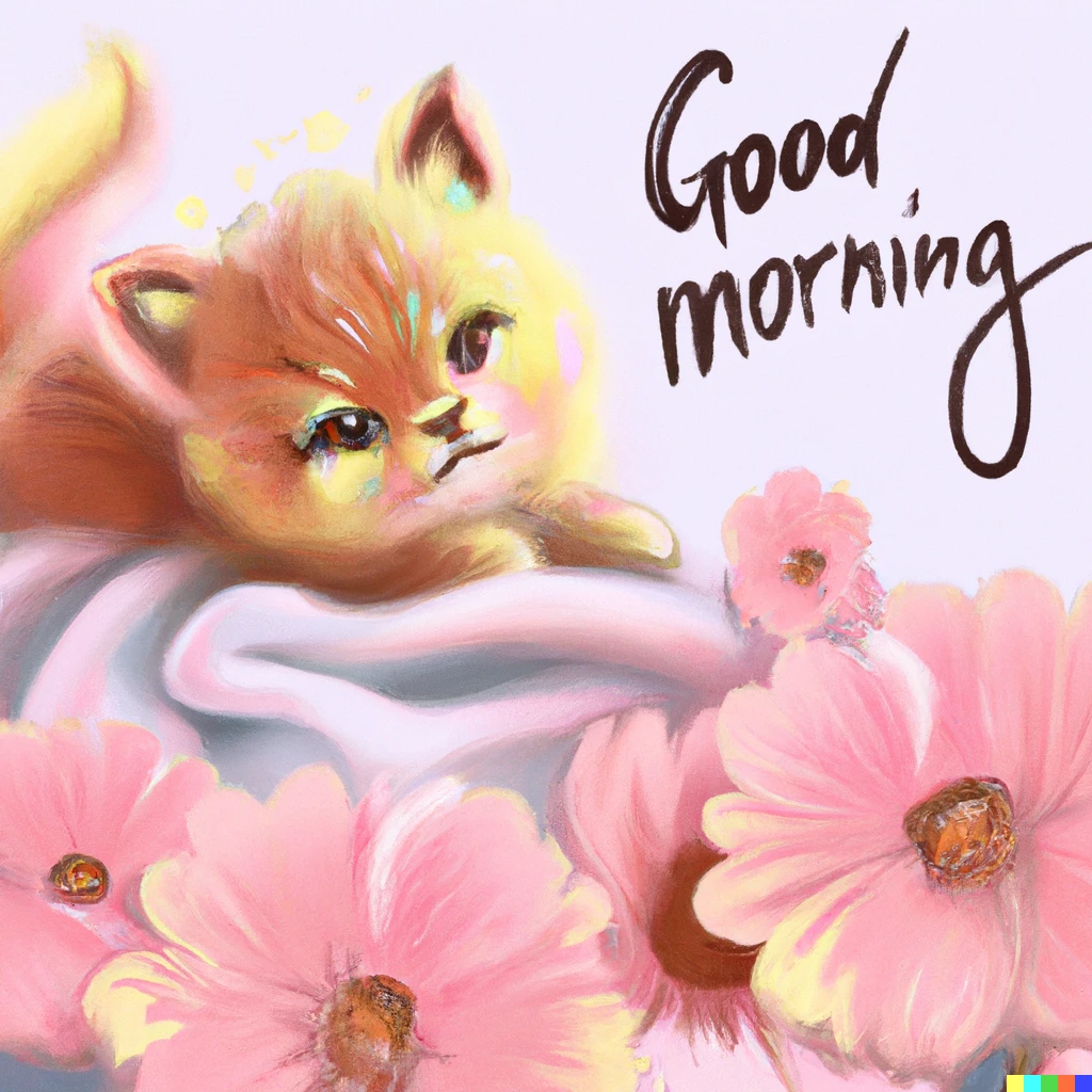 Prompt: good morning with fuzzy kittens, flowers, anime, pink and yellow, digital art
