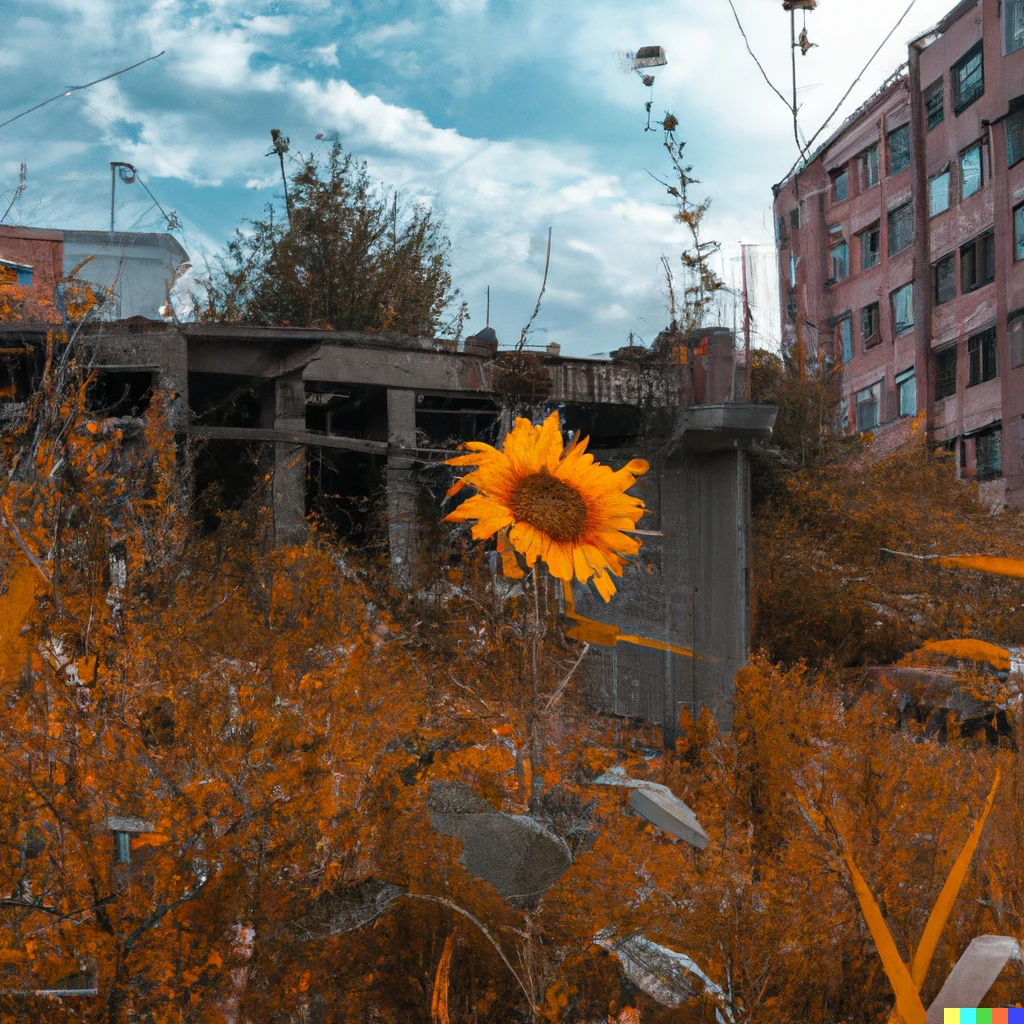 Prompt: A sunflower growing in the middle of an abandoned city