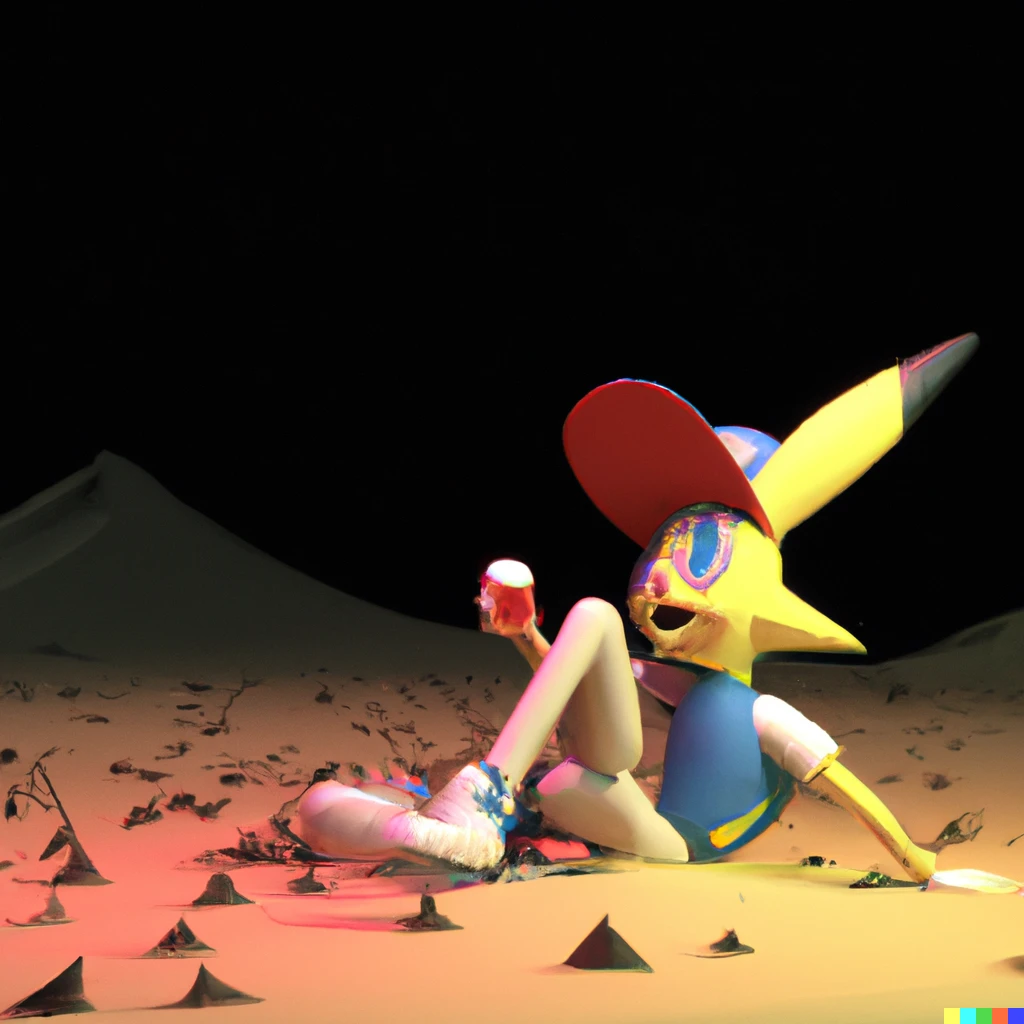 Prompt: 3D Render Ash Ketchum tripping on LSD in a dessert with a dark background.