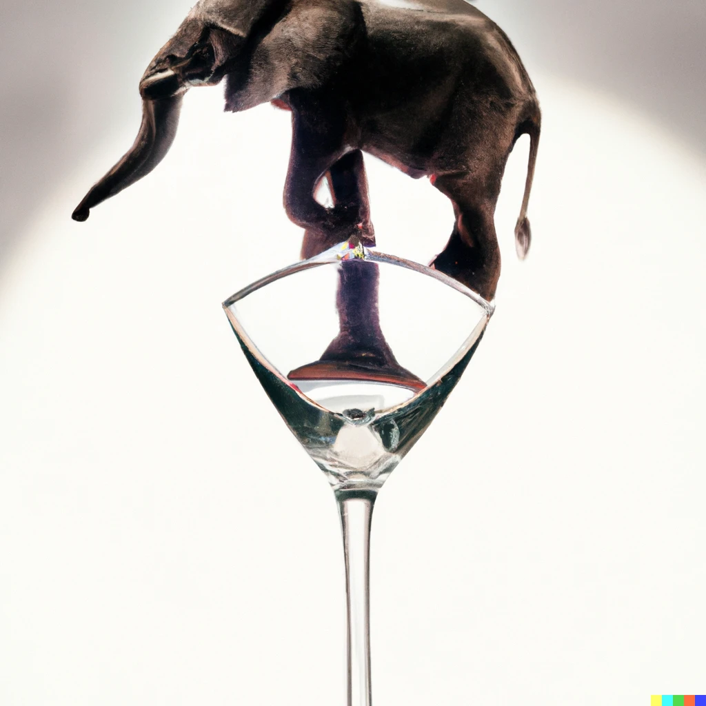 Prompt: Un énorme éléphant posé en équilibre sur un petit verre en cristal 