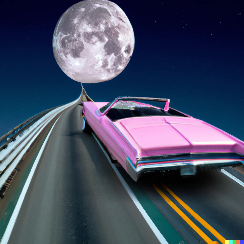 Prompt: in space, a pink cadillac convertible 1960 is driving on a road from the earth towards the moon, view of the moon in the background, the road on a bridge that goes from the earth to the moon
