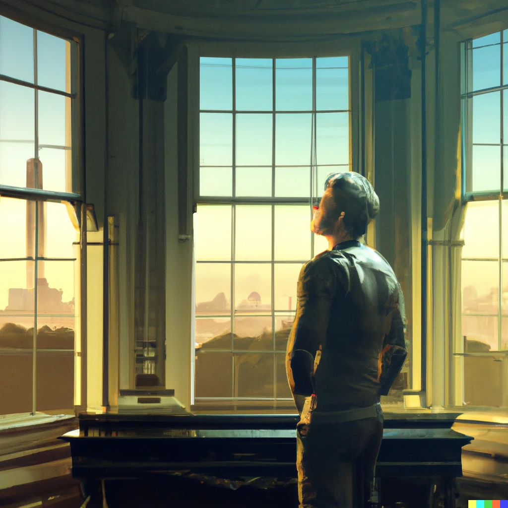 Prompt: a man looking out the window of a stately neoclassical mansion to see a dystopian cyberpunk city skyline