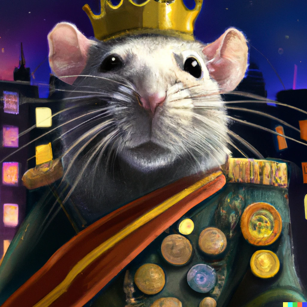Prompt: Rat in military general attire, with several medals on his chest, wearing a king’s crown and facing the camera. In the background are the lights of a colourful city. Photorealistic.