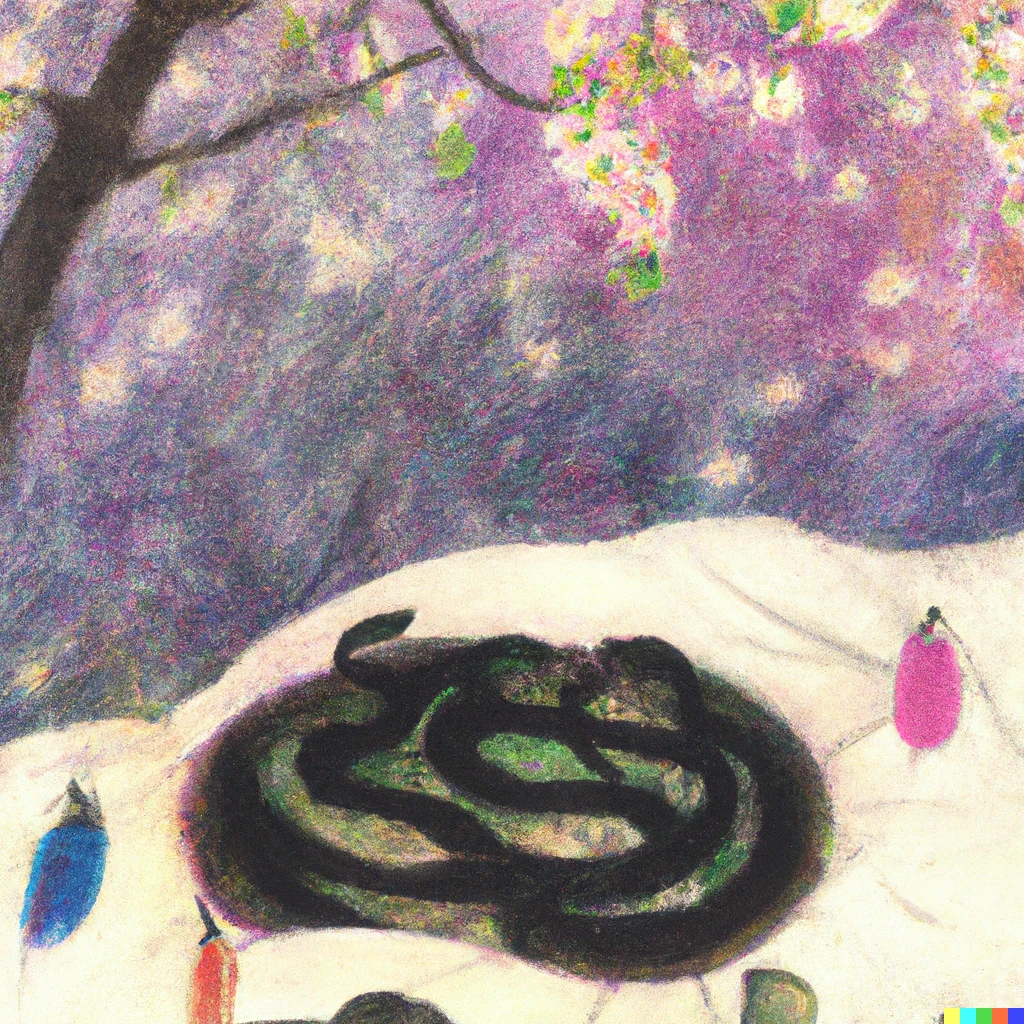 Prompt: A snake resting atop a purple pillow as sunbeams shine down and sakura flowers fall. Four monks can be seen kneeling and praying in the background. Minimalist style in an oil pastel medium.