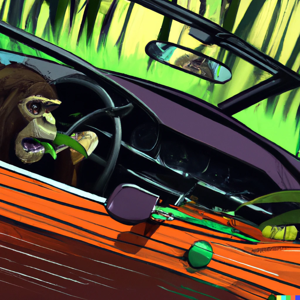 Prompt: a monkey eating in a sports car speeding through the jungle digital art