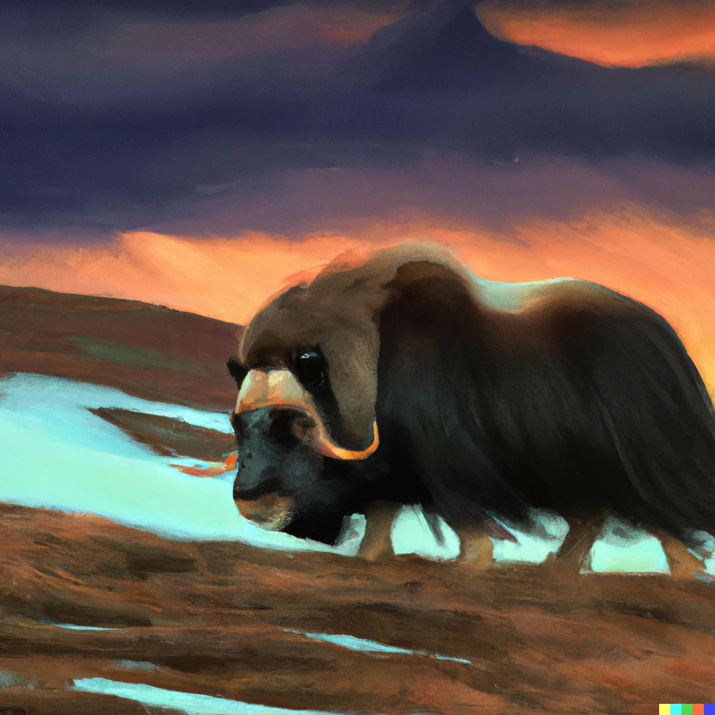 Prompt: A realistic painting of a muskox on the Arctic tundra at sunset