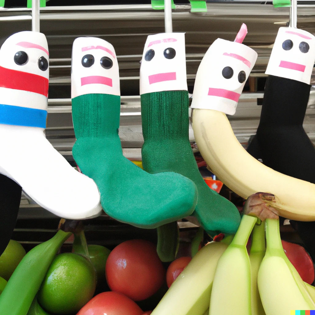 Prompt: sock puppets buying fruit and vegetables at the supermarket