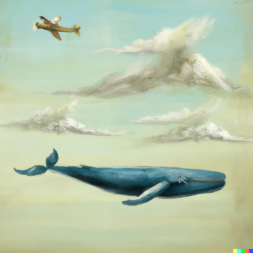 Prompt: whale flying in the sky with airplanes old painting