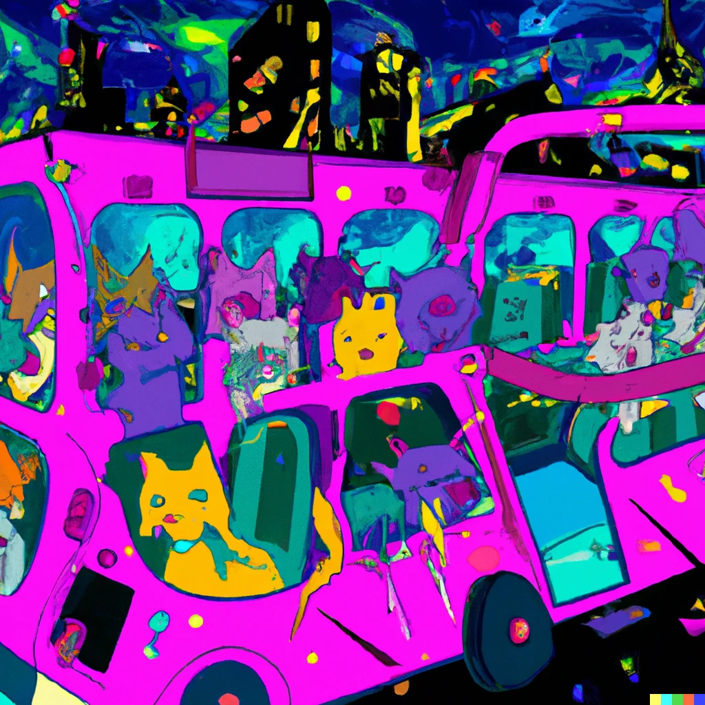 Prompt: Full of cats party bus ride over cyberpunk city