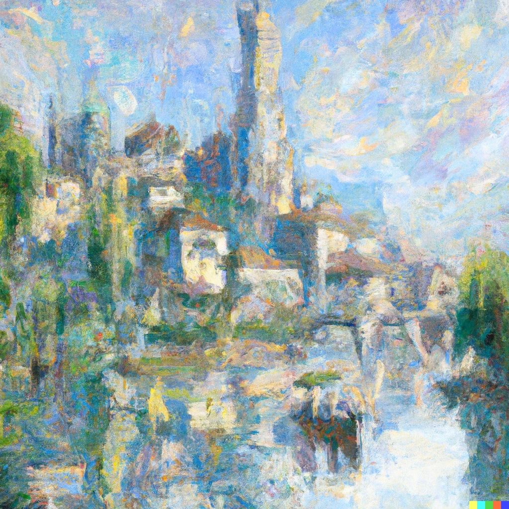 Prompt: The elfin city of Gondolin, painted by Claude Monet