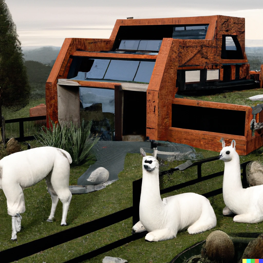 Prompt: A photo realistic futuristic ranch style mansion with llamas grazing in the front yard. 