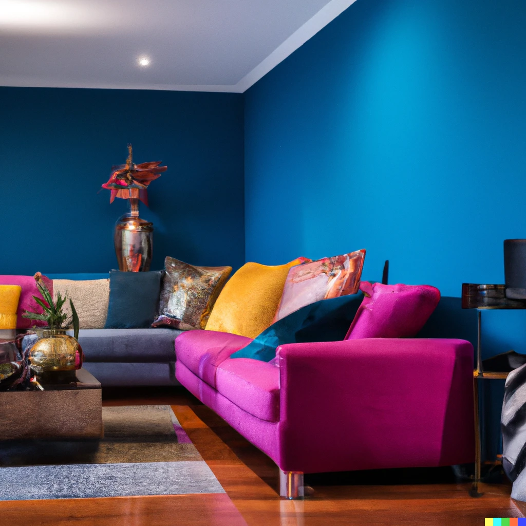 Prompt: Interior design photo of living room with bold colourful furniture, dark blue walls.