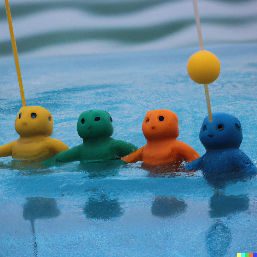 Prompt: A photo of 5 teletubbies playing water polo