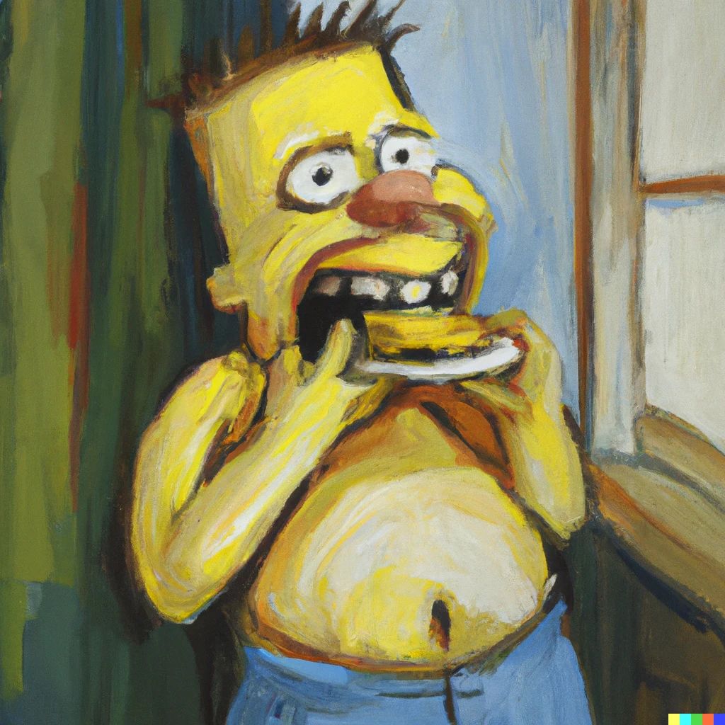 Prompt: Bart simpson eating a pair of shorts, oil painting | 606