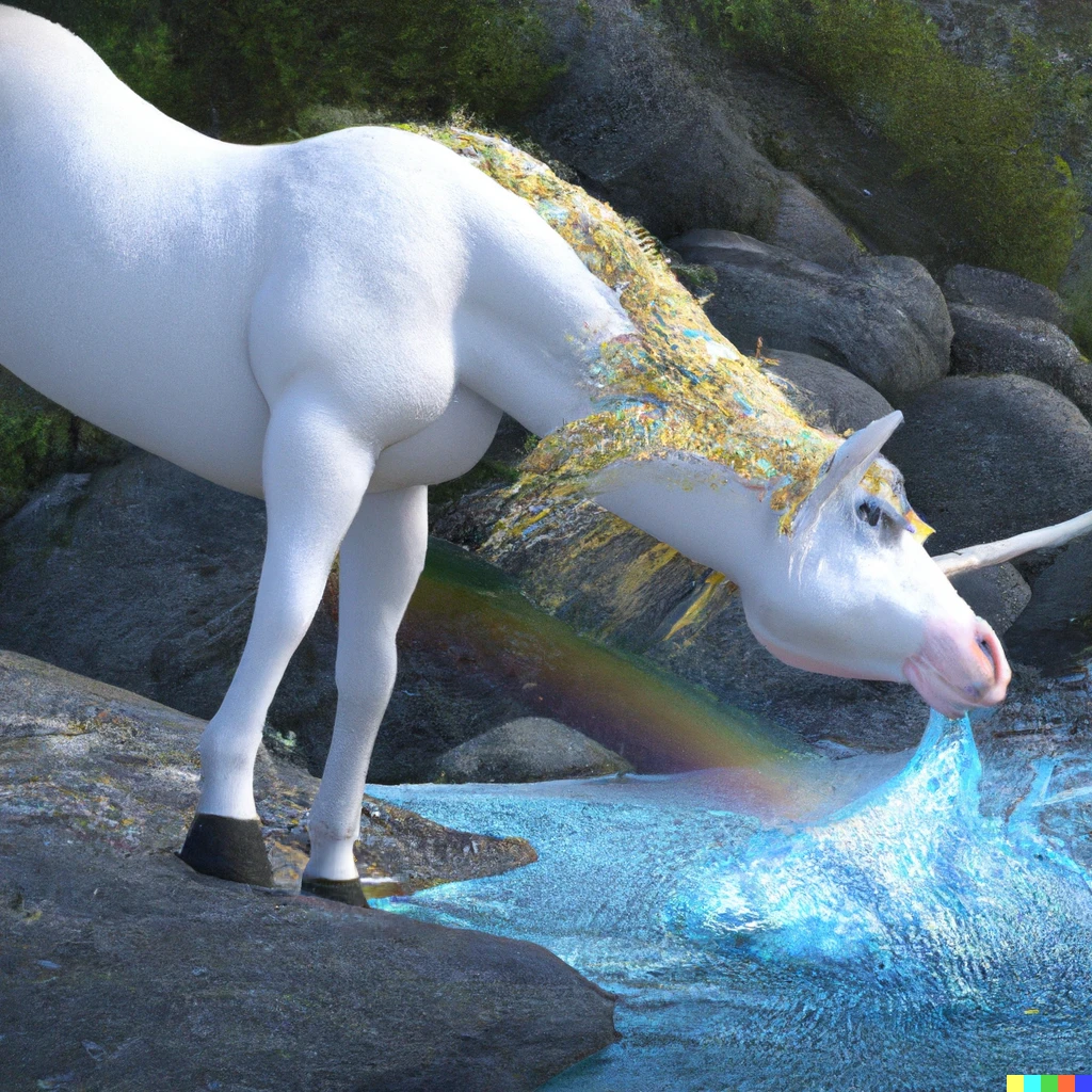Prompt: A CGI 3D animated unicorn is drinking water from a river.