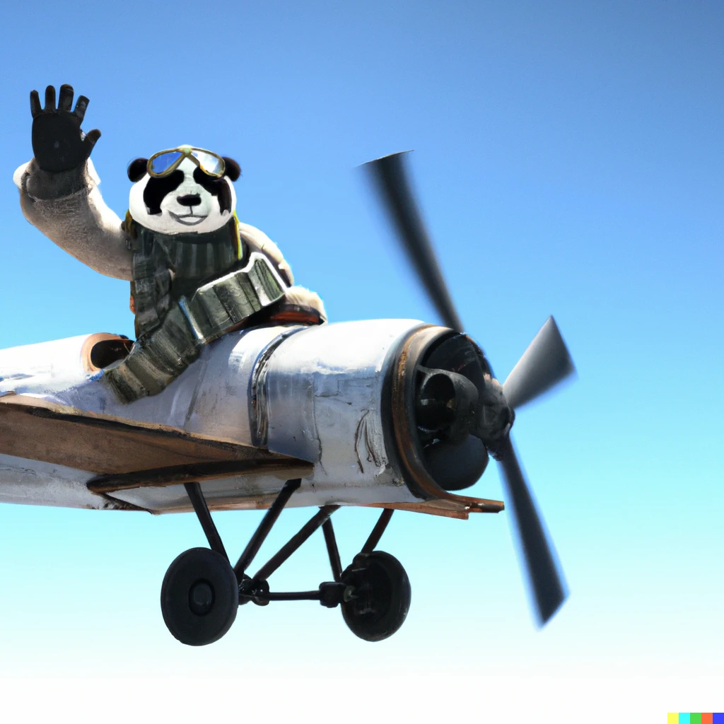 Prompt: A 3d render of a panda flying a plane in the sky. The panda is wearing goggles and a scarf. The panda is waving hello.