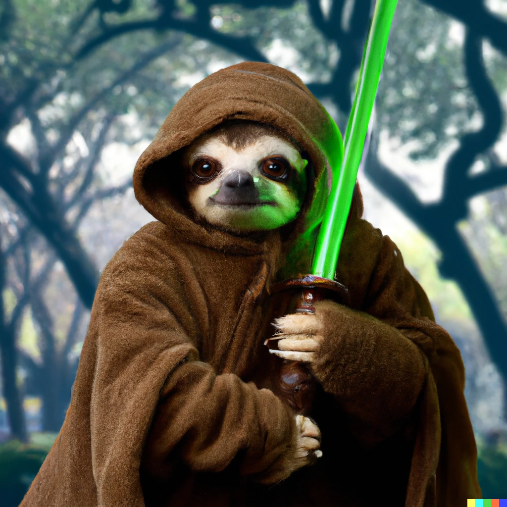 Prompt: A photo of a sloth dressed as a Jedi. The sloth is wearing a brown cloak and a hoodie. The sloth is holding a green lightsaber. The sloth is inside a forest.
