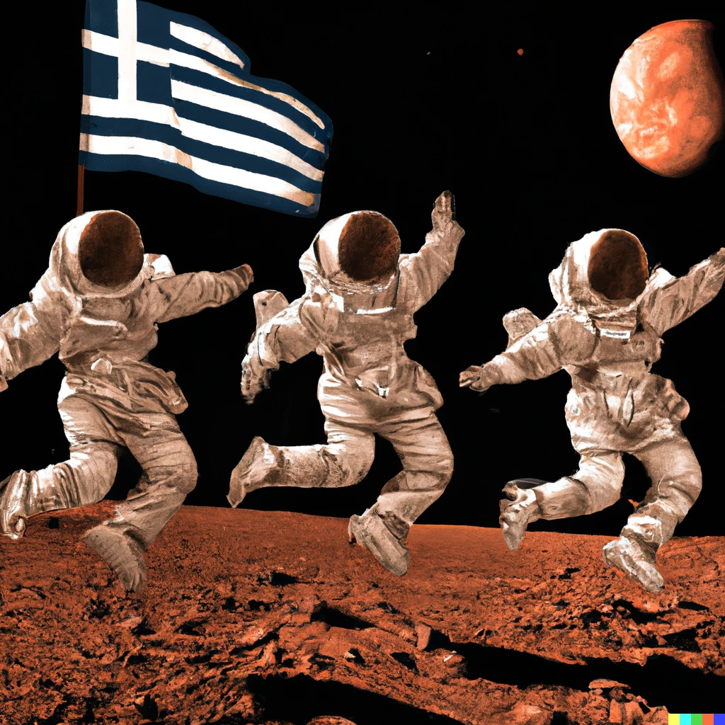 Prompt: A photo of astronauts dancing Greek traditional dances on Mars.