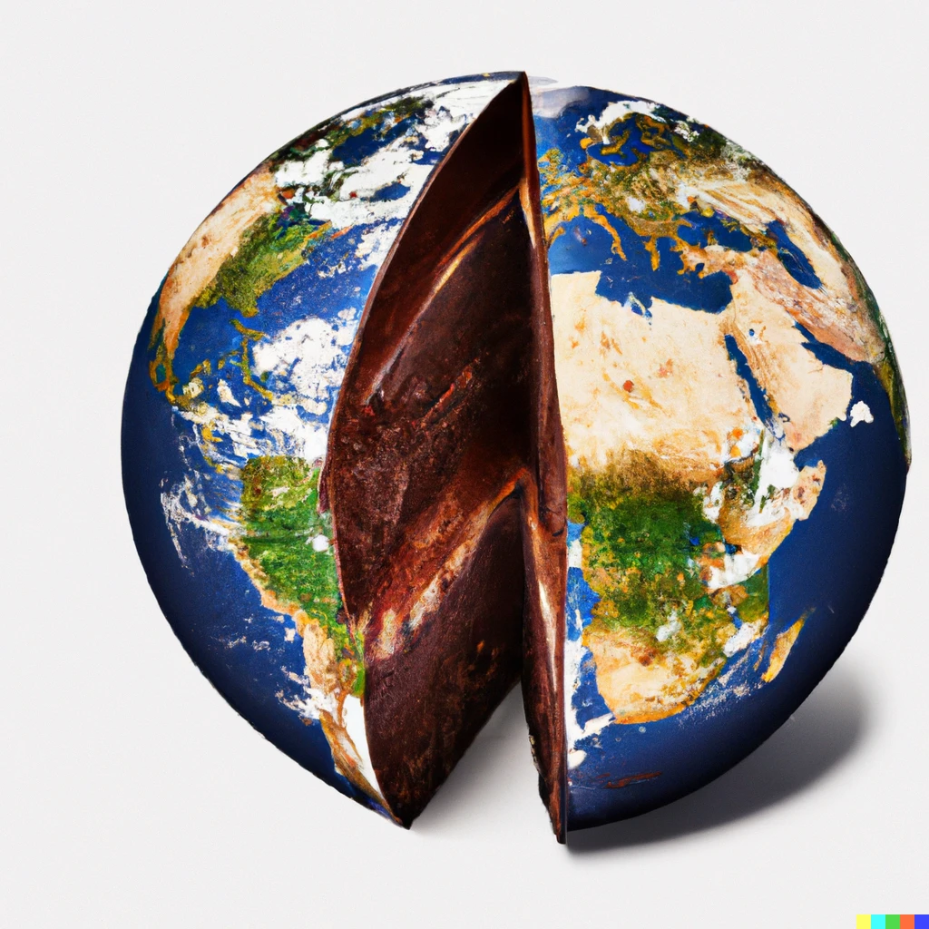 Prompt: Planet earth cut in half. The inside of the planet looks like a chocolate cake.