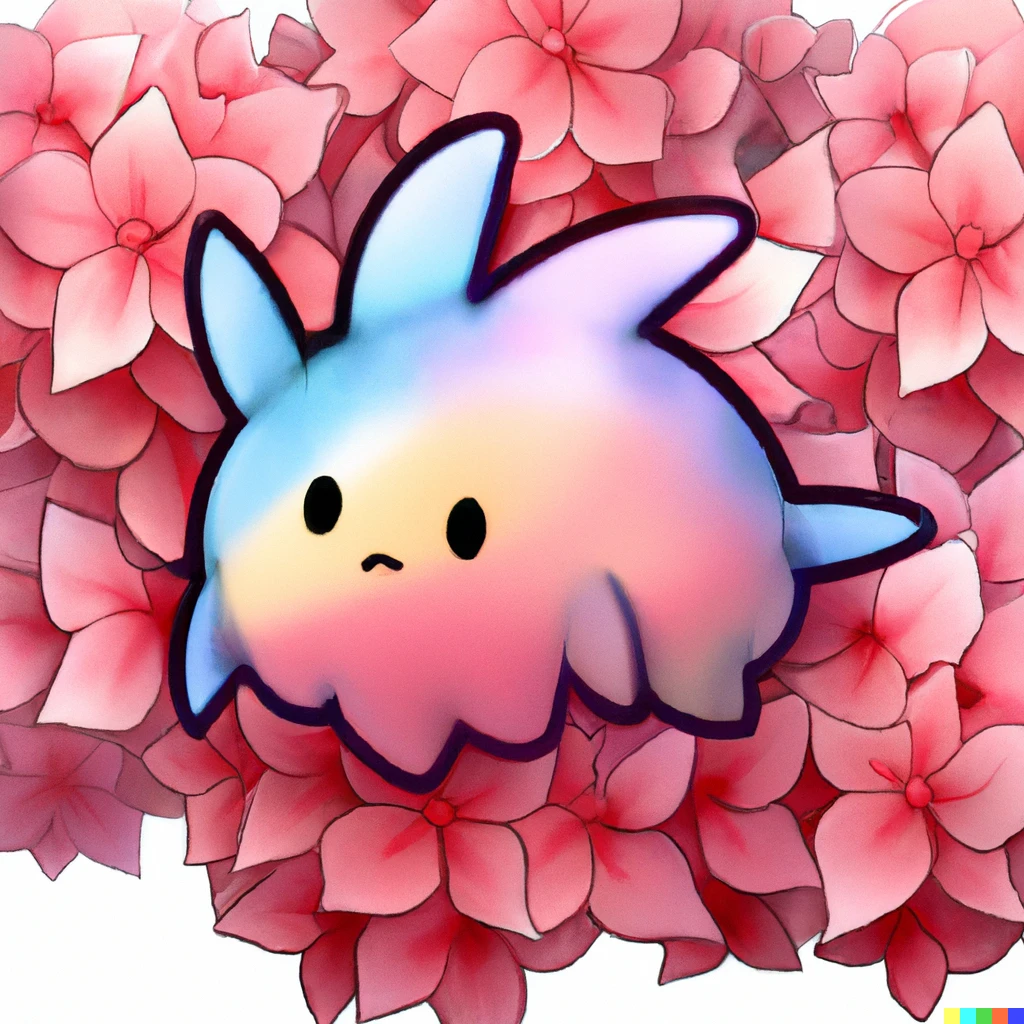 Prompt: The Pokemon Galarian Corsola surrounded by hydrangea flowers