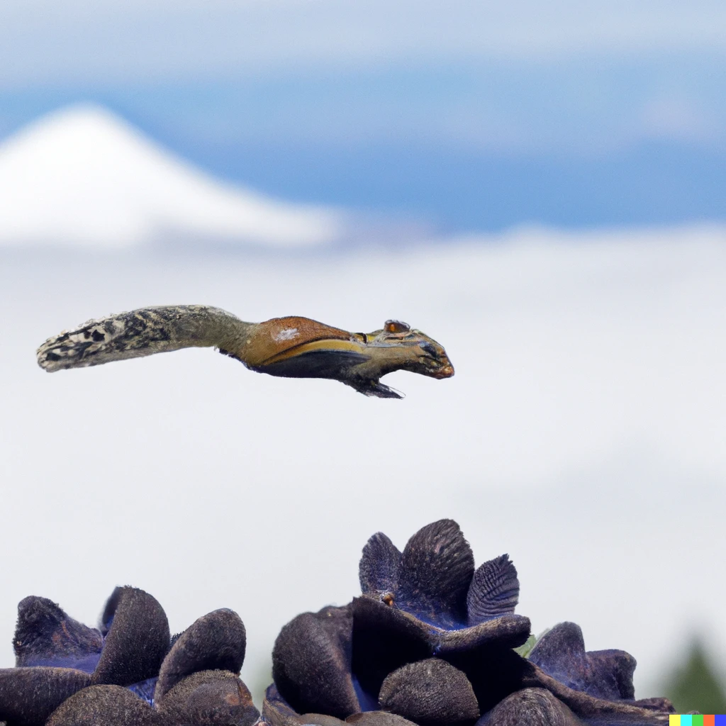Prompt: A purple alligator snail squirrel flying over Mt. Kilimanjaro 