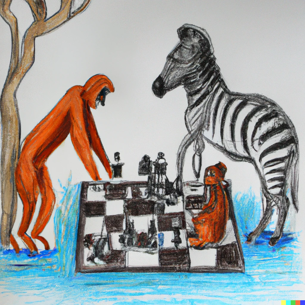 Prompt: Zebras playing chess in space with a small orangutan 

Crayon