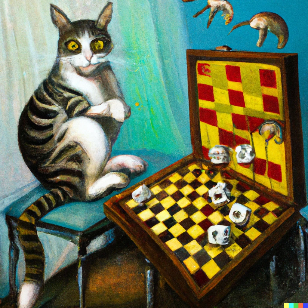 Prompt: a surrealist dream-like oil painting by Salvador Dalí of a cat playing checkers