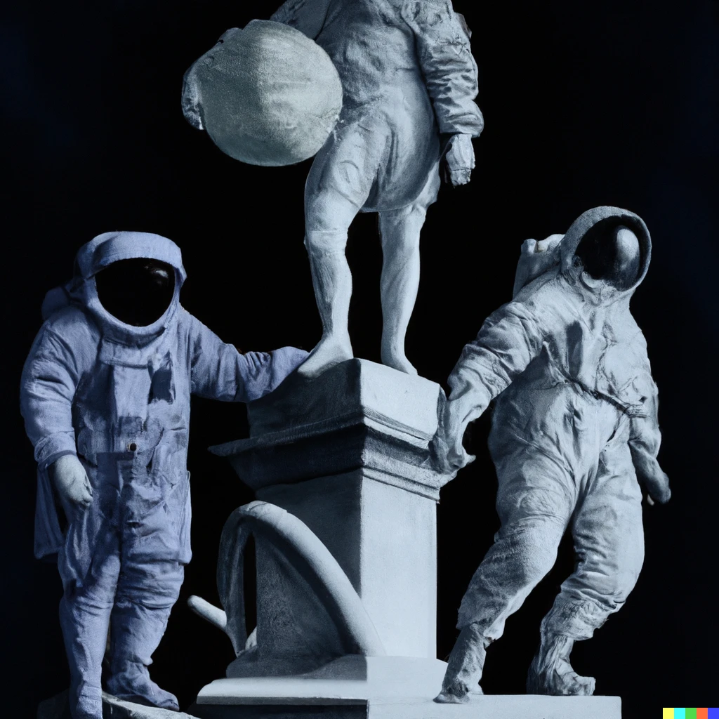 Prompt: Let me introduce you to the Titans' stages in their astro world. This work tells about the meeting of the astronaut with the sculpture made by astronauts and renaissance sculptors from history to the present.
