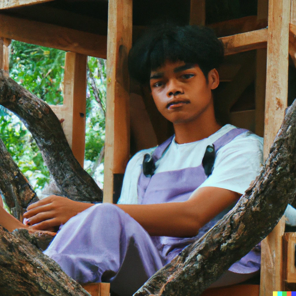 Prompt: A sixteen-year-old dark-skinned Filipino boy (with messy thick medium-length brown hair with bangs) wearing a white shirt and rolled-up purple overalls, sitting inside a treehouse. Candid, HD, 4k, realistic.