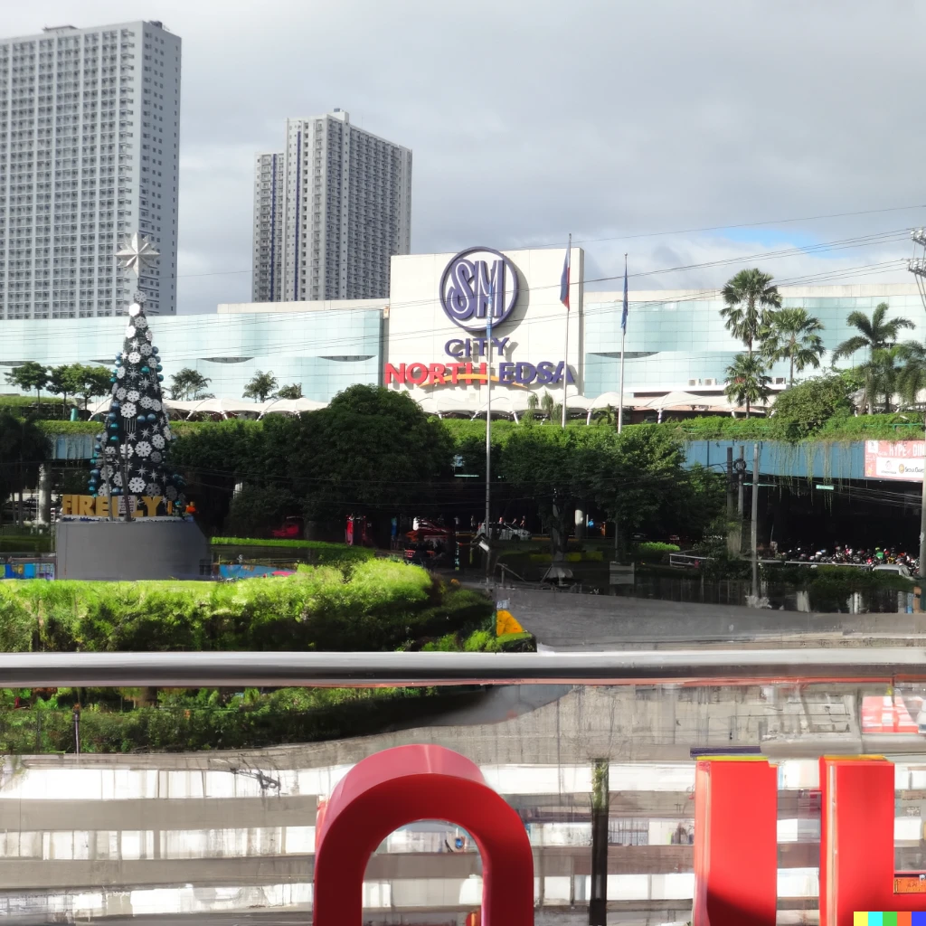 Prompt: A busy plaza and pedestrian street with Philippine trams, benches, plants, bicycles, and people. It is in front of a large mall in Quezon City, Philippines. Creative commons photograph.