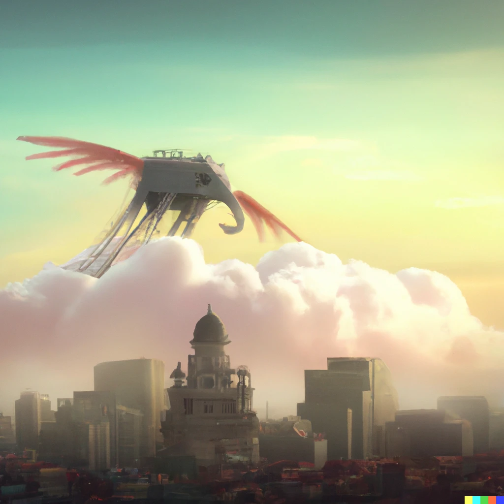 Prompt: A city with Philippine architecture built on top of a giant axolotl flying above the clouds in the afternoon, digital art.