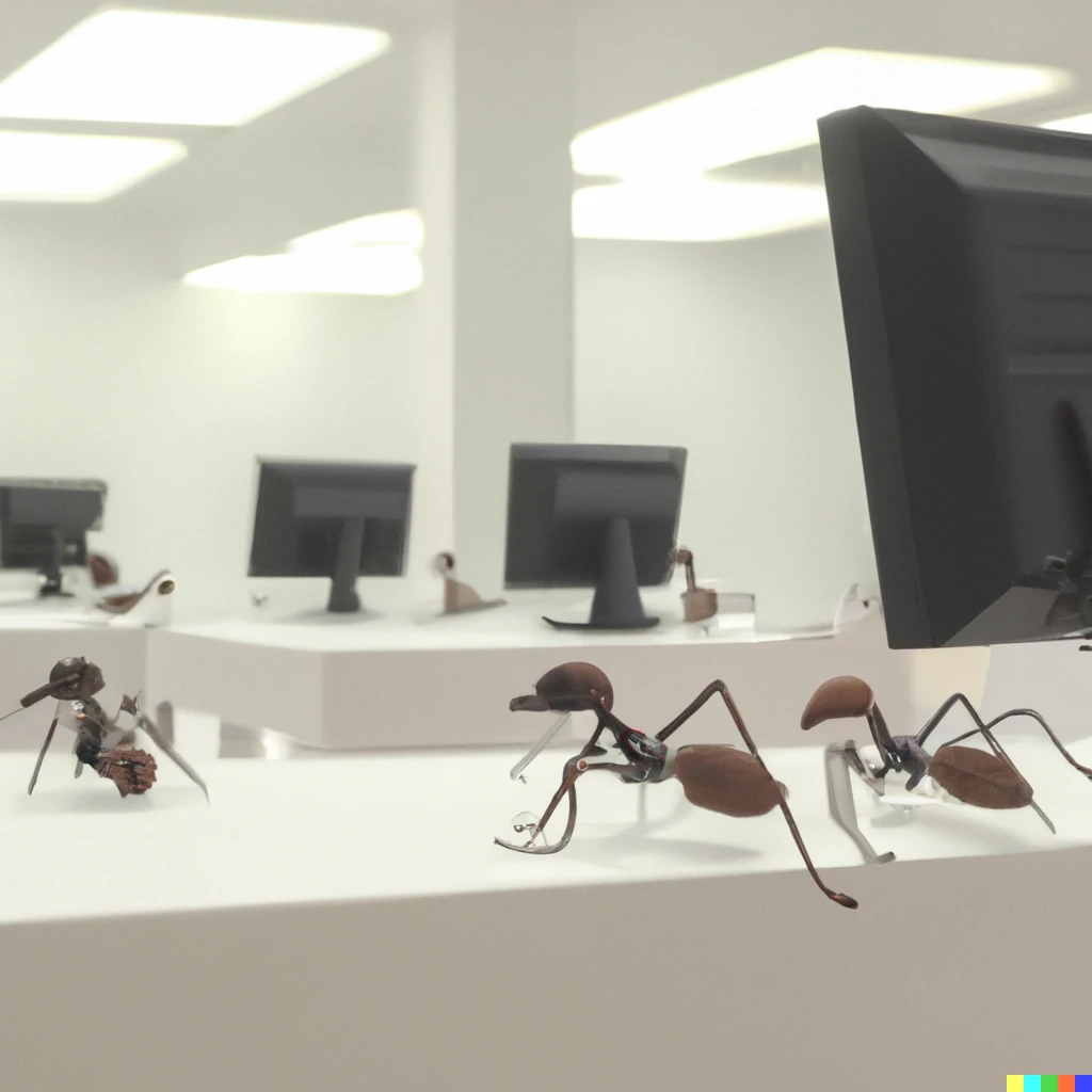 Prompt: Anthropomorphic ants working office jobs in cubicles in a white room of an office, realistic, HD.