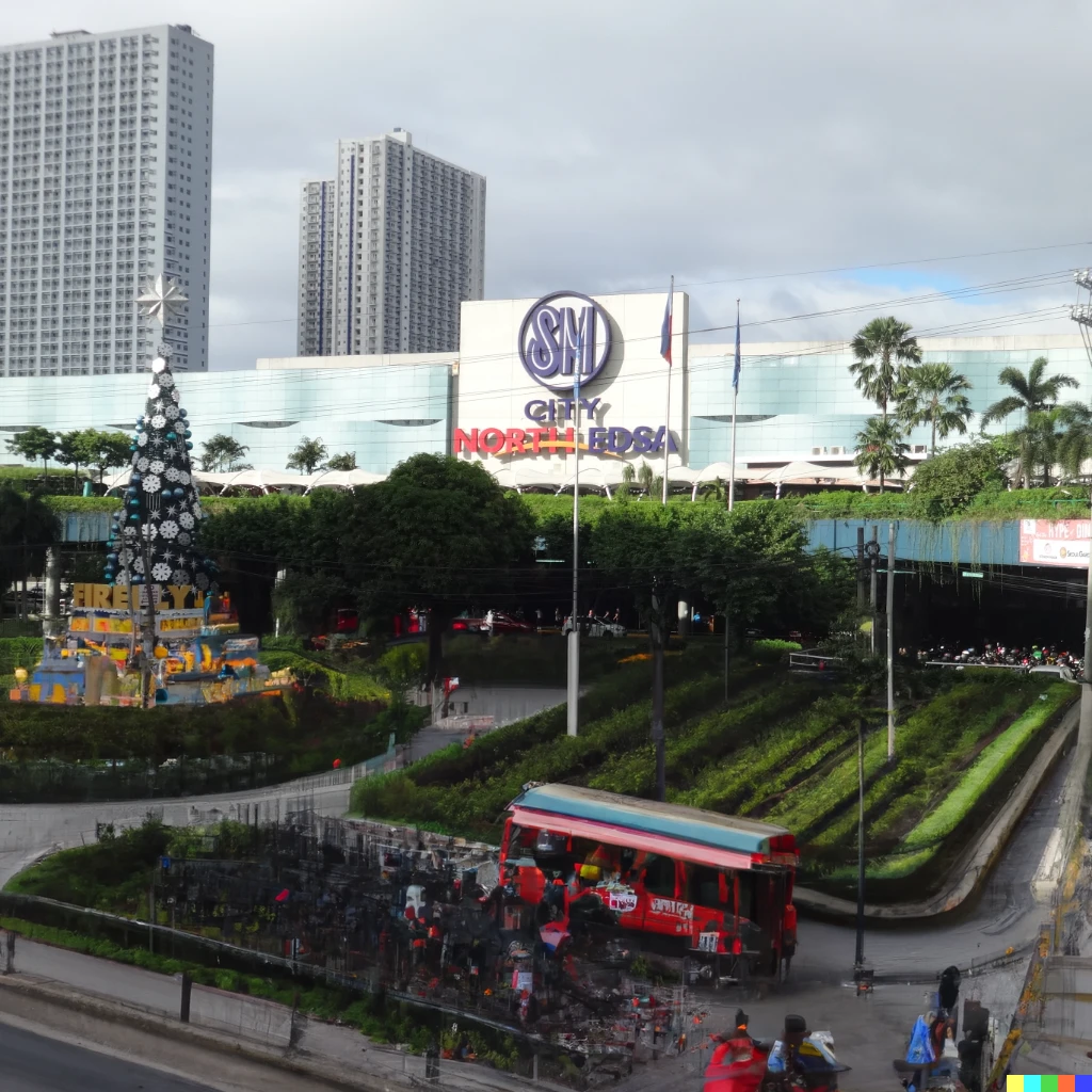 Prompt: A busy plaza and pedestrian street with Philippine trams, benches, plants, bicycles, and people. It is in front of a large mall in Quezon City, Philippines. Creative commons photograph.