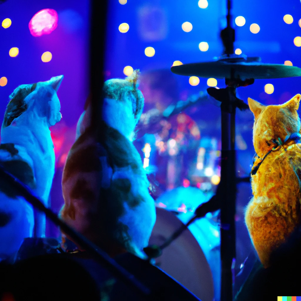 Prompt: A rock band of cats performing at a rock concert, photography, bokeh, 4k, HD.